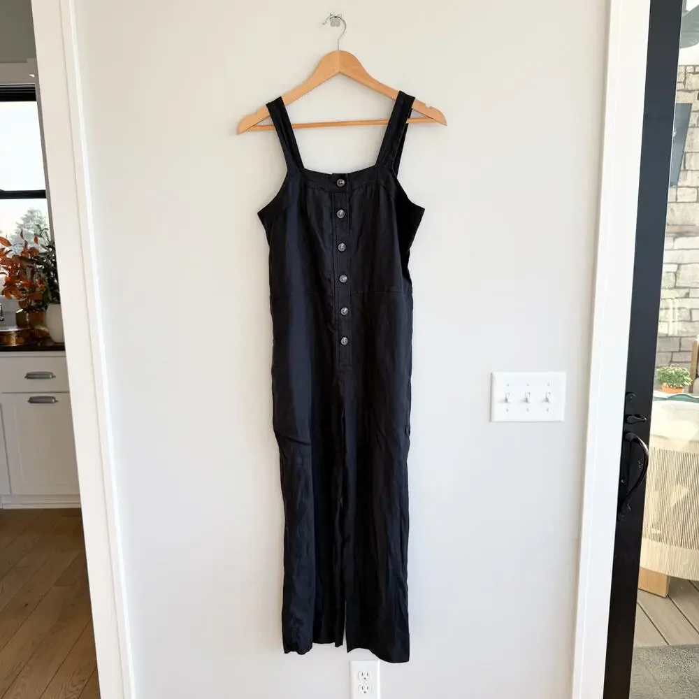 Everlane The Linen Picnic Straight Leg Square Neck Jumpsuit Washed Black 0